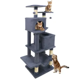57" Multi-Level Cat Tree For Multi-Cat Households, 2 Condos & Hammock With Sisal Scratching Posts-Gray (Option: defaulttitle)